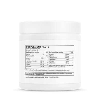 Thorne Amino Complex Berry 30 scoops white tub, back label showing supplement facts and ingredients list