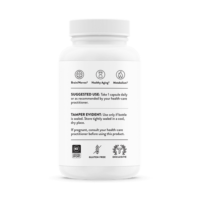 Back of Thorne Niacel 400 60-capsule bottle showing suggested use, tamper warning, and gluten-free and NSF sport icons