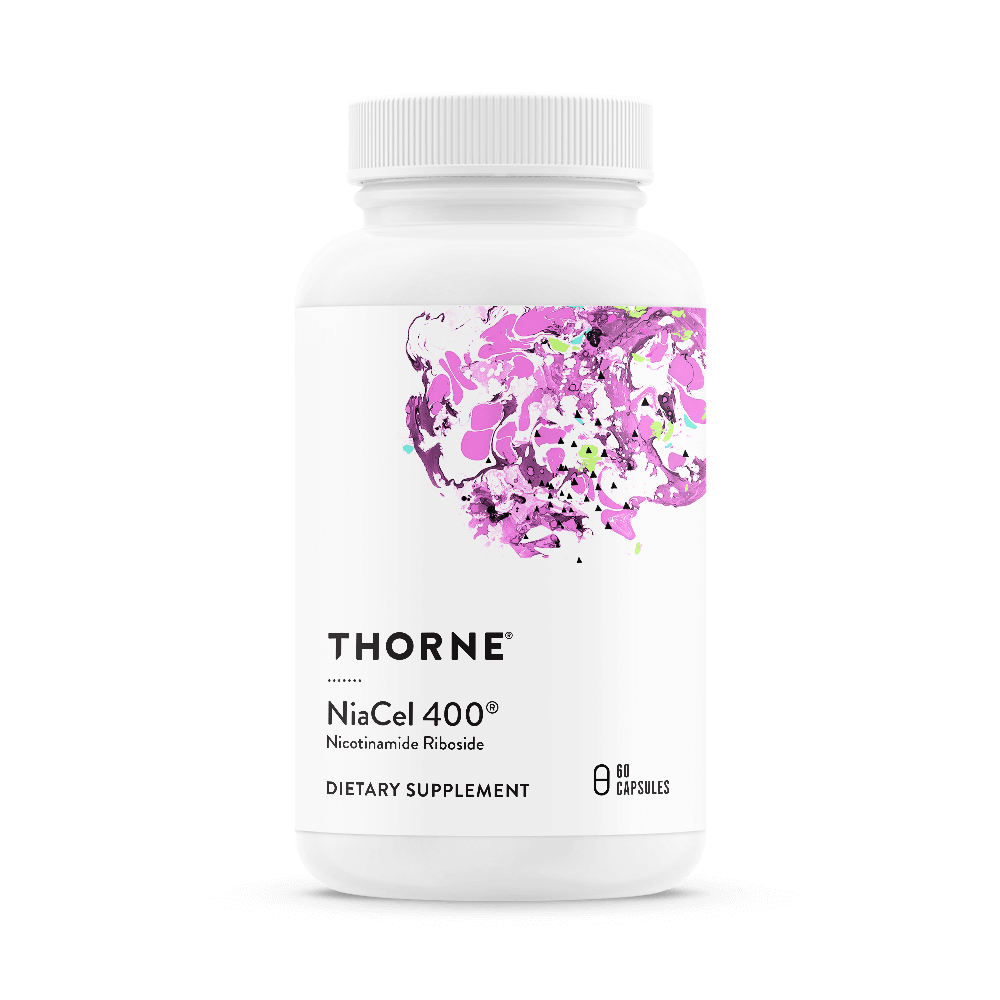 Thorne Niacel 400 60-capsule bottle front with white label and purple abstract design