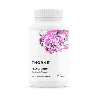 Thorne Niacel 400 60-capsule bottle front with white label and purple abstract design
