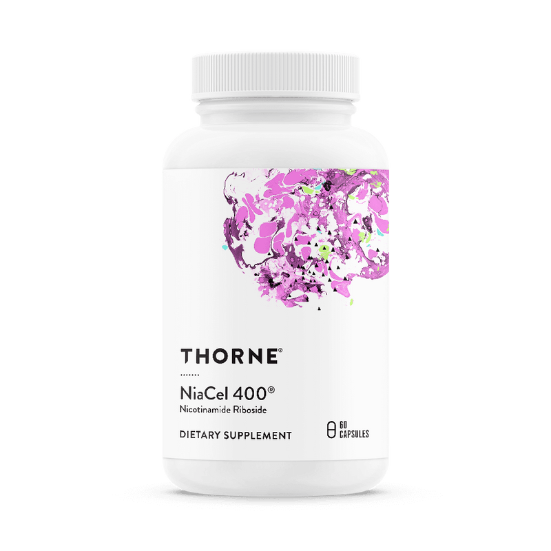 Thorne Niacel 400 60-capsule bottle front with white label and purple abstract design