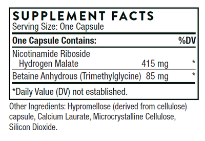 Thorne Niacel 400 60 Capsules supplement facts panel listing niacinamide riboside, betaine anhydrous, and other ingredients