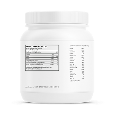Thorne Collagen Fit 30 scoops tub back label showing supplement facts and amino acid profile on white container