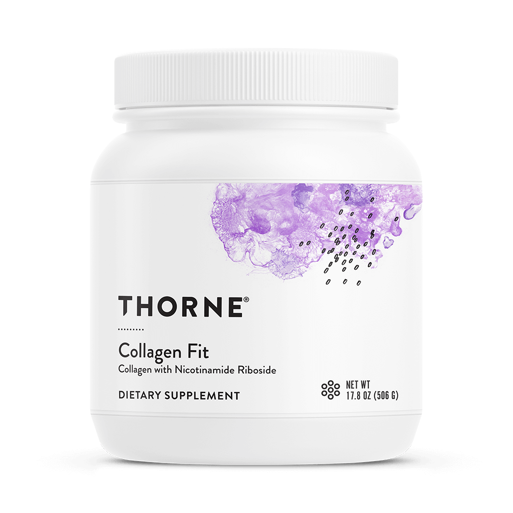 Thorne Collagen Fit 30-scoop white tub front label with purple abstract design and black text