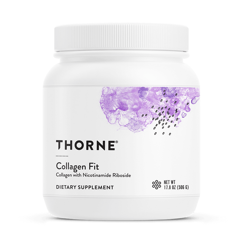 Thorne Collagen Fit 30-scoop white tub front label with purple abstract design and black text