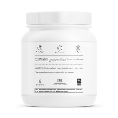 Back of Thorne Collagen Fit 30-scoop white tub showing usage directions, benefits icons, and gluten-free and NSF Certified logos