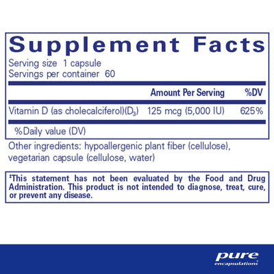 Pure Encapsulations Vitamin D3 5,000 IU (125 mcg) – High-Potency Vitamin D3, 60 Capsules