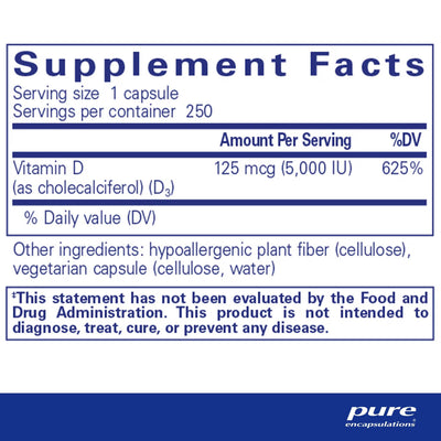 Pure Encapsulations Vitamin D3 5,000 IU (125 mcg) – High-Potency Vitamin D3, 250 Capsules