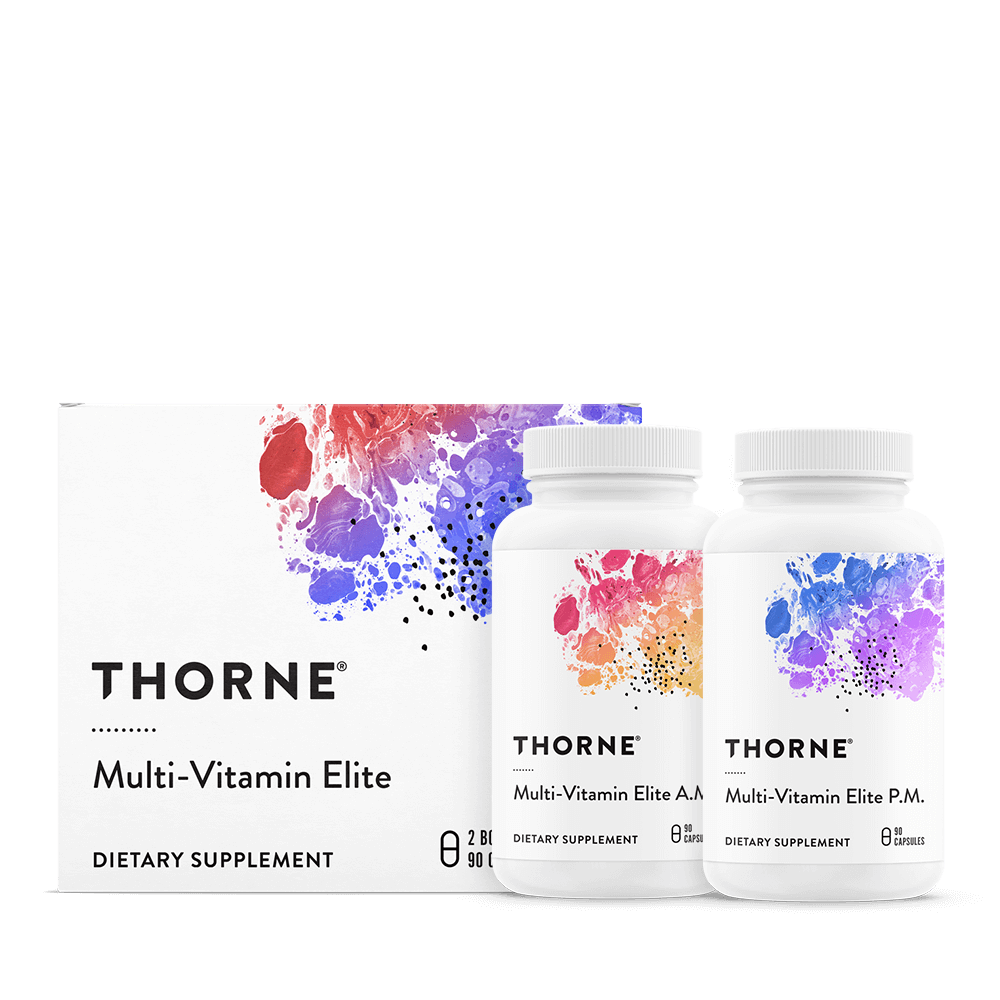 Thorne Multi-Vitamin Elite AM + PM 180 capsules with two white bottles and colorful abstract label in front of box