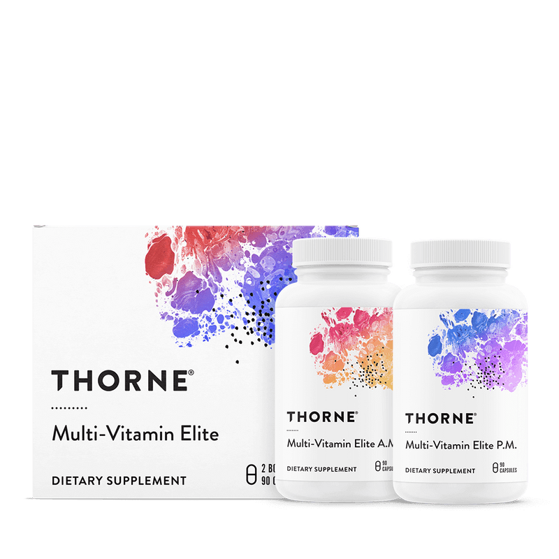 Thorne Multi-Vitamin Elite AM + PM 180 capsules with two white bottles and colorful abstract label in front of box
