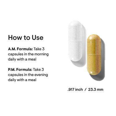 Thorne Multi-Vitamin Elite AM + PM two capsules shown with how-to-use directions and capsule size in inches and millimeters