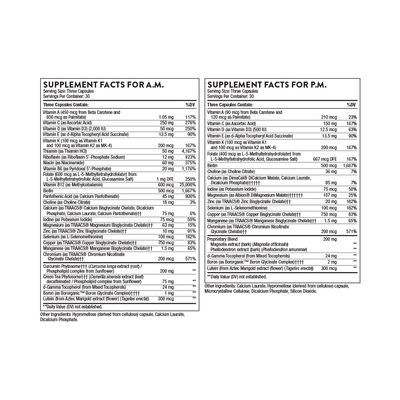 Thorne Multi-Vitamin Elite AM + PM 180 Capsules supplement facts label showing detailed AM and PM nutrition panels