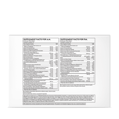 Thorne Multi-Vitamin Elite AM + PM 180 Capsules supplement facts label showing detailed nutrition panels for both formulas