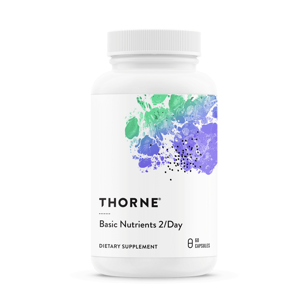 Thorne Basic Nutrients 2/Day 60 capsules bottle front with white label and green purple abstract design