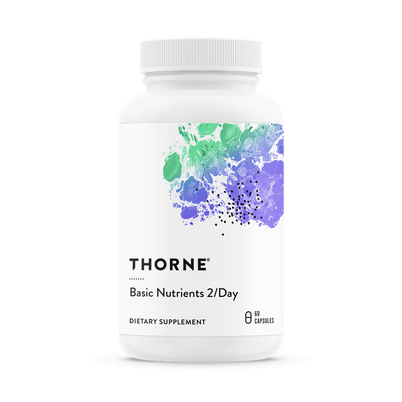 Thorne Basic Nutrients 2/Day 60 capsules bottle front with white label and green purple abstract design