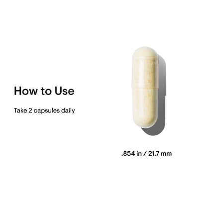 Thorne Basic Nutrients 2/Day capsule close-up with dosage text “Take 2 capsules daily” and size .854 in / 21.7 mm