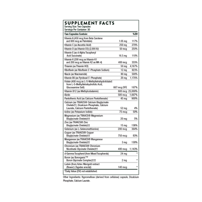 Thorne Basic Nutrients 2/Day 60 Capsules supplement facts label showing vitamin and mineral amounts and % daily values
