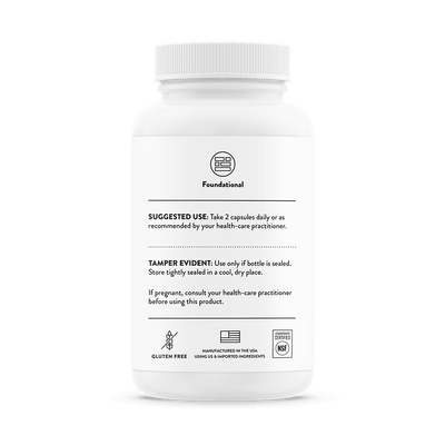 Thorne Basic Nutrients 2/Day 60 Capsules bottle back showing foundational icon, usage directions, and gluten-free badge