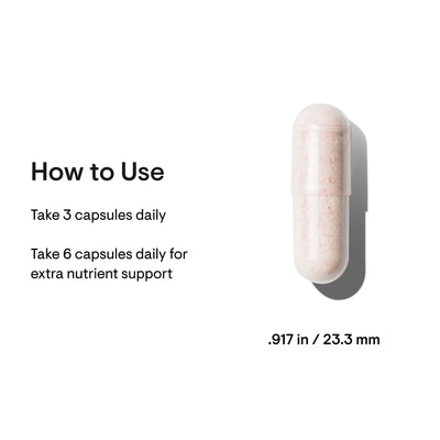 Thorne Men’s Multi 50+ capsule close-up with usage directions and size: take 3–6 capsules daily, 0.917 in (23.3 mm) long