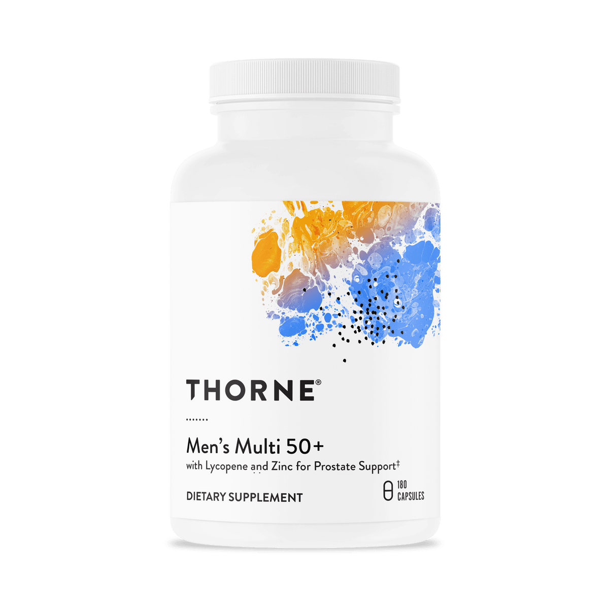 Thorne Men’s Multi 50+ 180 capsules bottle front with abstract orange and blue design on white label