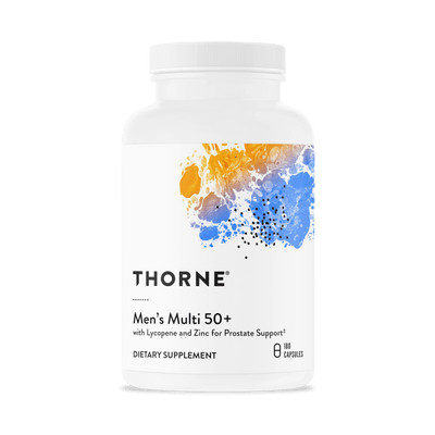 Thorne Men’s Multi 50+ 180 capsules bottle front with abstract orange and blue design on white label