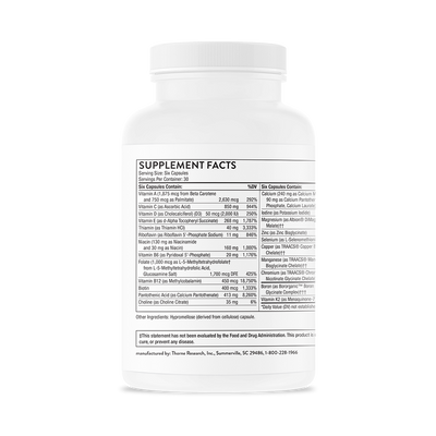 Thorne Women’s Multi 50+ 180 Capsules bottle back showing detailed supplement facts and ingredient list on white label