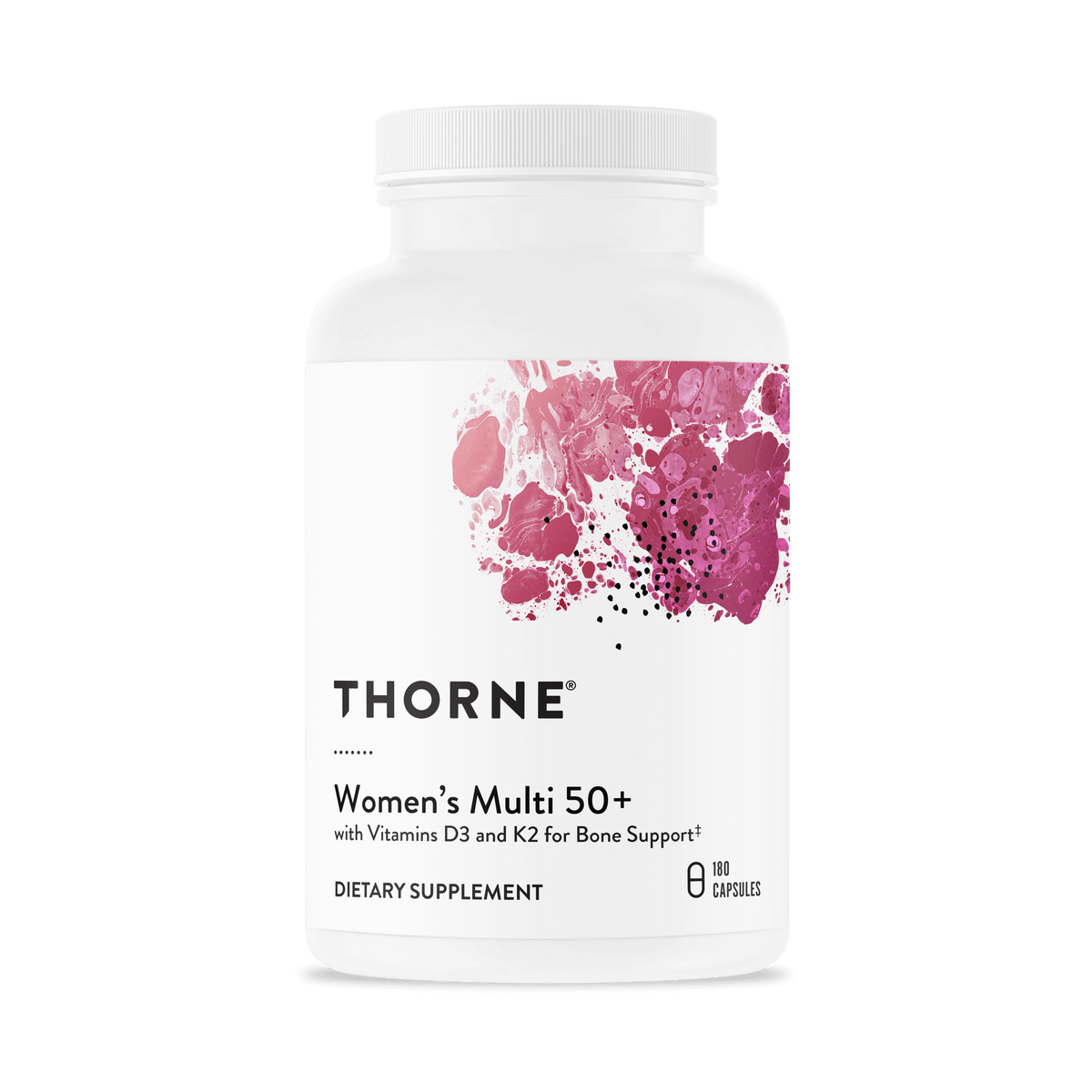 Thorne Women’s Multi 50+ 180-capsule bottle with pink abstract design and front label showing vitamin and bone support text