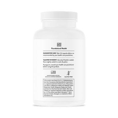 Thorne Women’s Multi 50+ 180 Capsules bottle back showing usage directions, gluten free icon, and manufacturing details