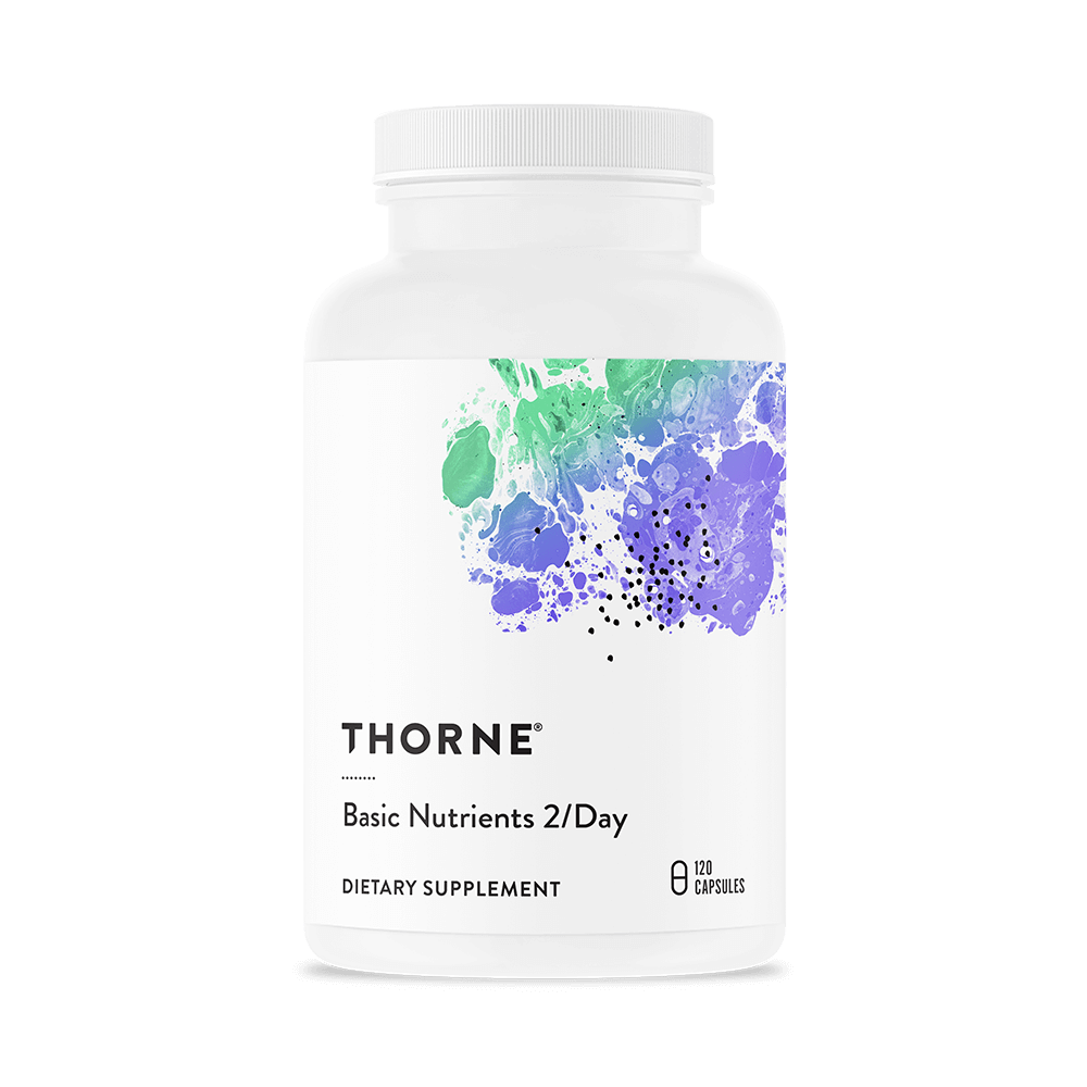 Thorne Basic Nutrients 2/Day 120 capsules bottle front with white label and green, blue, and purple abstract design