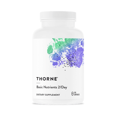 Thorne Basic Nutrients 2/Day 120 capsules bottle front with white label and green, blue, and purple abstract design