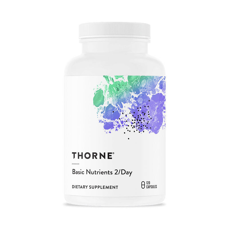 Thorne Basic Nutrients 2/Day 120 capsules bottle front with white label and green, blue, and purple abstract design