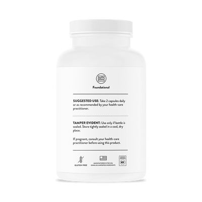 Thorne Basic Nutrients 2/Day 120 Capsules bottle back showing usage directions, tamper warning, and gluten-free icons