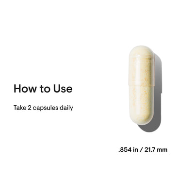 Thorne Basic Nutrients 2/Day capsule close-up with usage text “Take 2 capsules daily” and size .854 in / 21.7 mm
