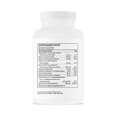 Thorne Basic Nutrients 2/Day 120 Capsules bottle back showing detailed supplement facts label