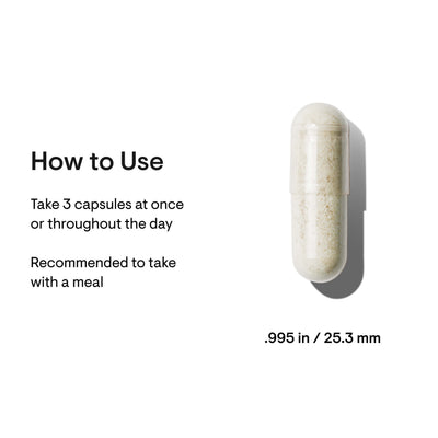 Thorne Basic Prenatal capsule close-up with usage directions and capsule size .995 in / 25.3 mm on white background