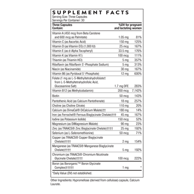 Thorne Basic Prenatal 90 Capsules supplement facts label listing vitamins, minerals, and daily values for pregnant women
