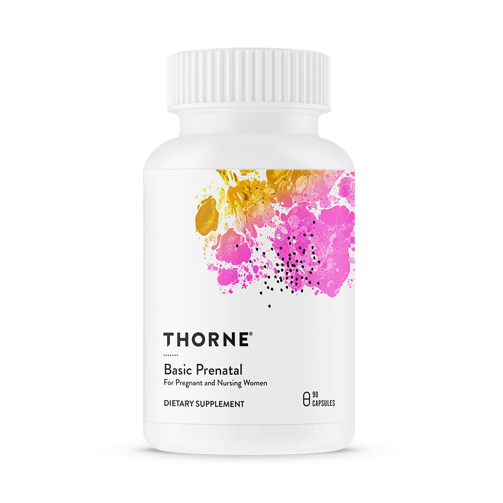 Thorne Basic Prenatal 90 capsules bottle front with white label and pink and gold abstract design