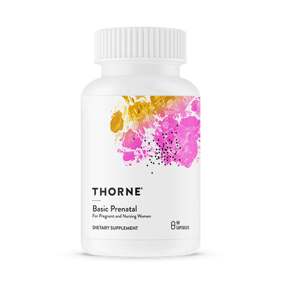 Thorne Basic Prenatal 90 capsules bottle front with white label and pink and gold abstract design