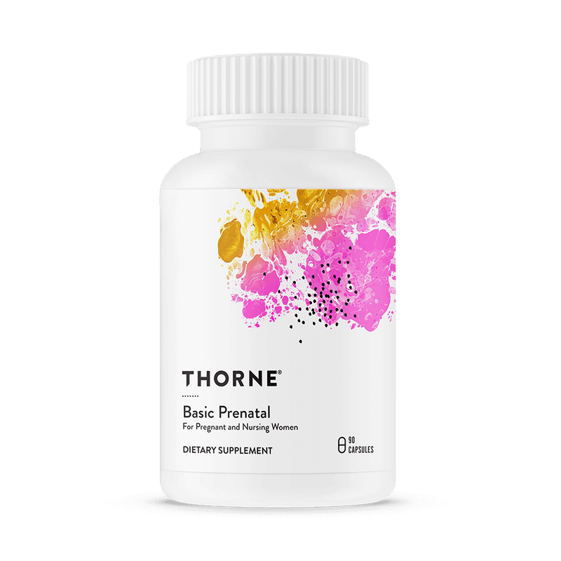 Thorne Basic Prenatal 90 capsules bottle front with white label and pink and gold abstract design