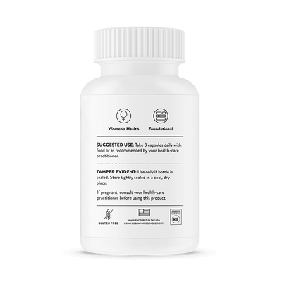 Back of Thorne Basic Prenatal 90 Capsules bottle showing women’s health icons, suggested use, safety, and gluten-free labels