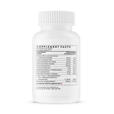 Thorne Basic Prenatal 90 Capsules bottle back showing detailed supplement facts label on white plastic packaging