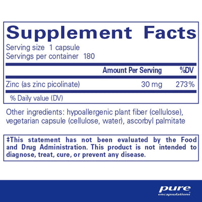 Pure Encapsulations Zinc 30 mg – Zinc Picolinate Mineral Support, 180 Capsules